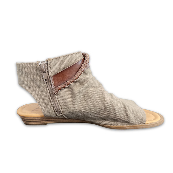 Blowfish Sandals - Womens 8.5 - Brown Peep Toe Canvas Gladiator Flat with Zipper - Picture 3 of 8